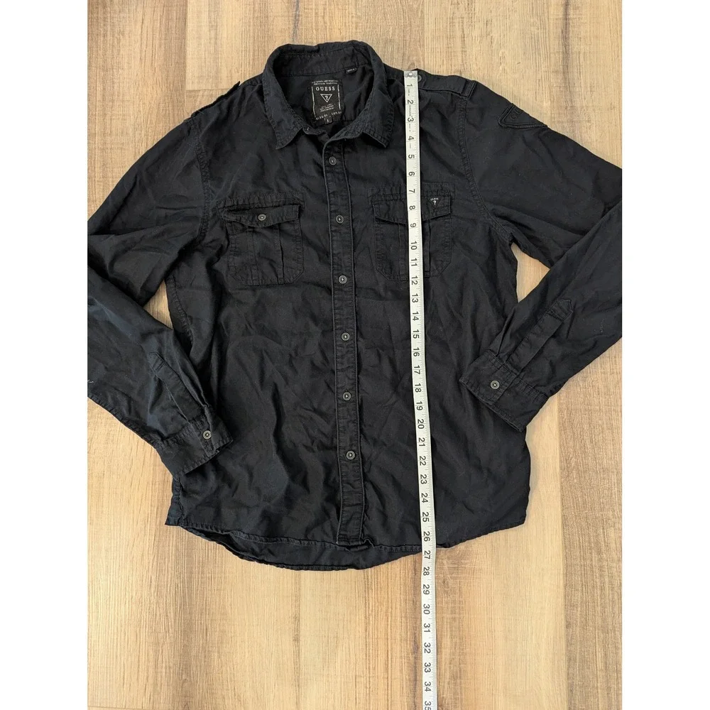 Guess Men's Military Utility Button Up Shirt Black Large Epaulets Cotton
